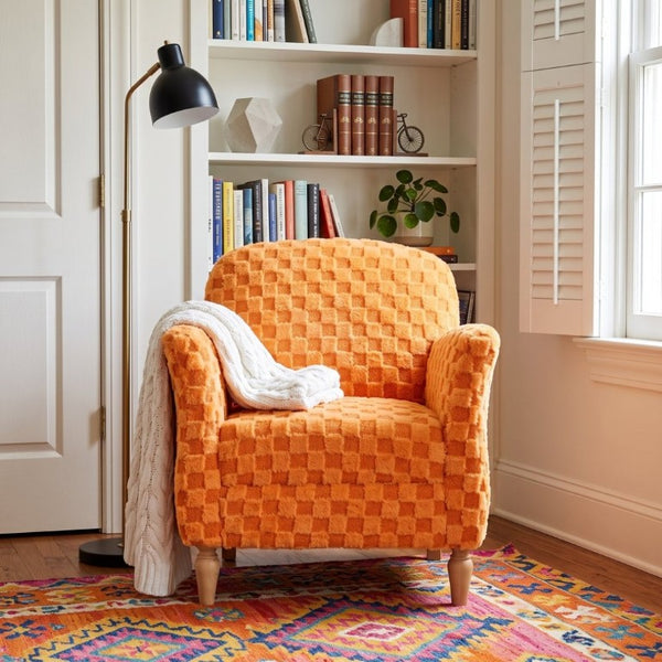 English Elm Checkered Corduroy Armchair with Tapered Wood Legs Mid-Century Reading Nook Seating Orange W680P534785