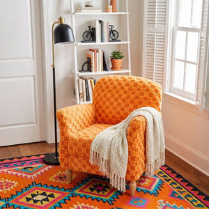 English Elm Checkered Corduroy Armchair with Tapered Wood Legs Mid-Century Reading Nook Seating Orange W680P534785