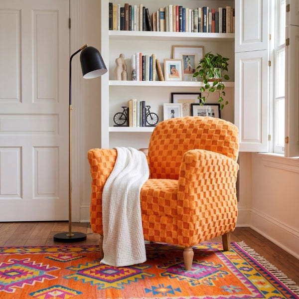 English Elm Checkered Corduroy Armchair with Tapered Wood Legs Mid-Century Reading Nook Seating Orange W680P534785