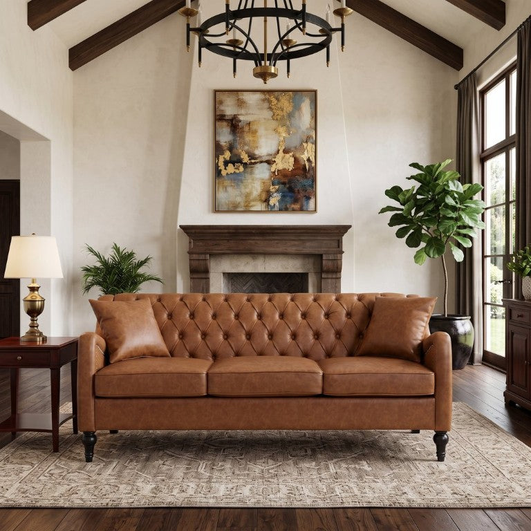 English Elm Pu Leather Tufted Loveseat with Nailhead Trim Birch Legs for Apartment Living 75.2 inches Brown W680P536111