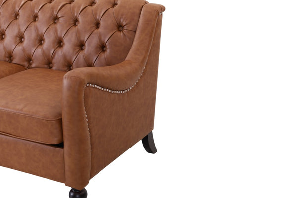 English Elm Pu Leather Tufted Loveseat with Nailhead Trim Birch Legs for Apartment Living 75.2 inches Brown W680P536111