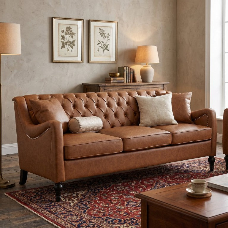 English Elm Pu Leather Tufted Loveseat with Nailhead Trim Birch Legs for Apartment Living 75.2 inches Brown W680P536111