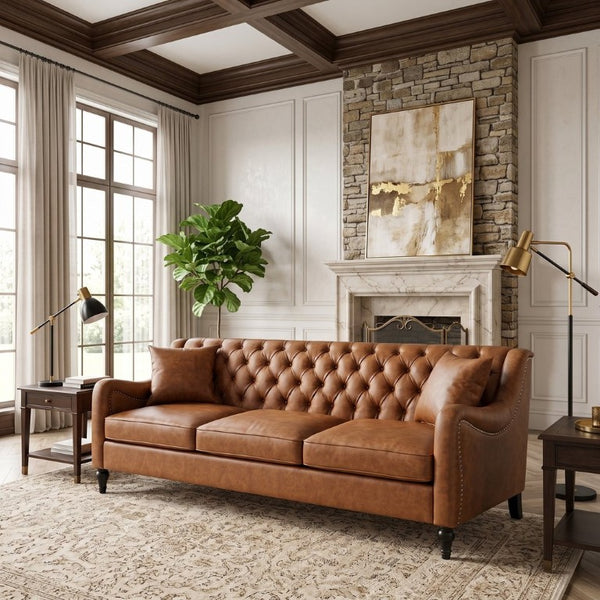 English Elm Pu Leather Tufted Loveseat with Nailhead Trim Birch Legs for Apartment Living 75.2 inches Brown W680P536111