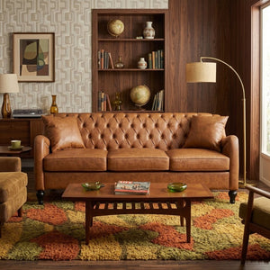 English Elm Pu Leather Tufted Loveseat with Nailhead Trim Birch Legs for Apartment Living 75.2 inches Brown W680P536111