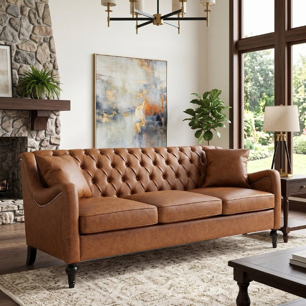 English Elm Pu Leather Tufted Loveseat with Nailhead Trim Birch Legs for Apartment Living 75.2 inches Brown W680P536111