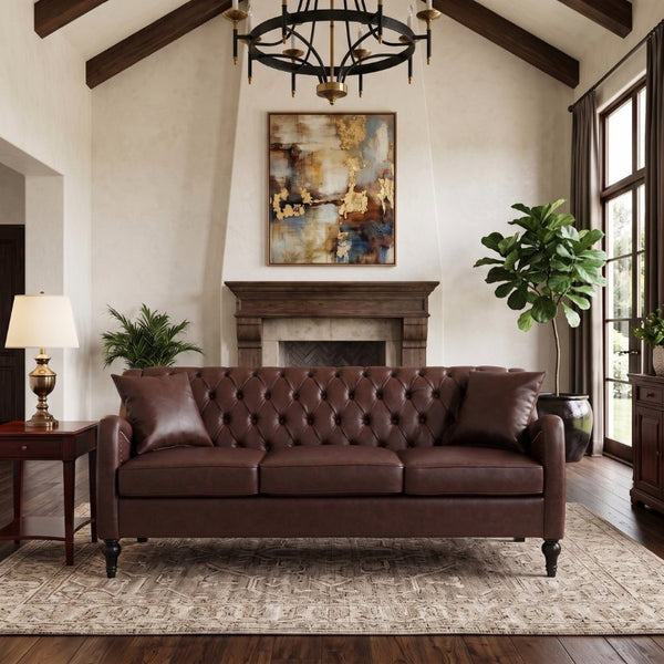 English Elm Pu Leather Tufted Loveseat with Nailhead Trim Birch Legs for Apartment Living 75.2 inches Dark Brown W680P536112