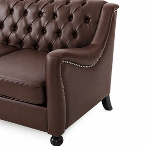 English Elm Pu Leather Tufted Loveseat with Nailhead Trim Birch Legs for Apartment Living 75.2 inches Dark Brown W680P536112