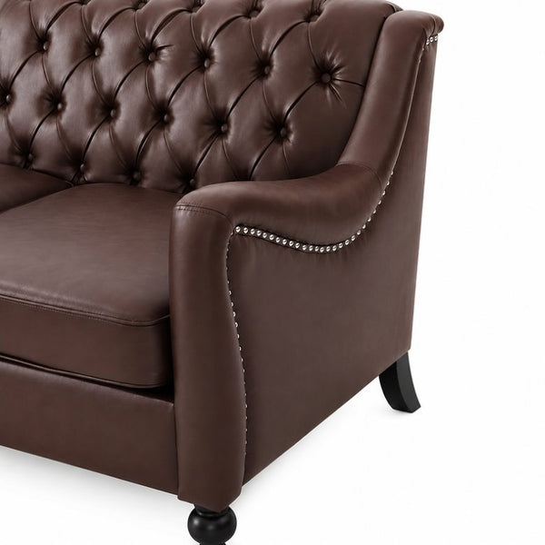 English Elm Pu Leather Tufted Loveseat with Nailhead Trim Birch Legs for Apartment Living 75.2 inches Dark Brown W680P536112