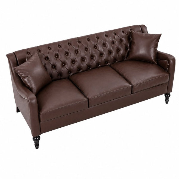 English Elm Pu Leather Tufted Loveseat with Nailhead Trim Birch Legs for Apartment Living 75.2 inches Dark Brown W680P536112