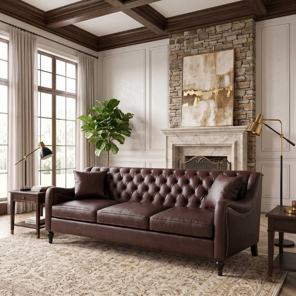 English Elm Pu Leather Tufted Loveseat with Nailhead Trim Birch Legs for Apartment Living 75.2 inches Dark Brown W680P536112