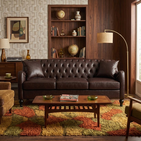 English Elm Pu Leather Tufted Loveseat with Nailhead Trim Birch Legs for Apartment Living 75.2 inches Dark Brown W680P536112