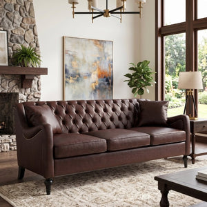 English Elm Pu Leather Tufted Loveseat with Nailhead Trim Birch Legs for Apartment Living 75.2 inches Dark Brown W680P536112