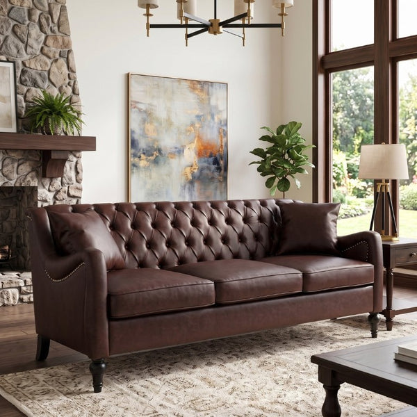 English Elm Pu Leather Tufted Loveseat with Nailhead Trim Birch Legs for Apartment Living 75.2 inches Dark Brown W680P536112