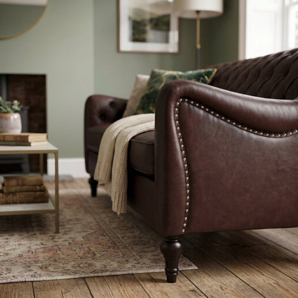 English Elm Pu Leather Tufted Loveseat with Nailhead Trim Birch Legs for Apartment Living 75.2 inches Dark Brown W680P536112
