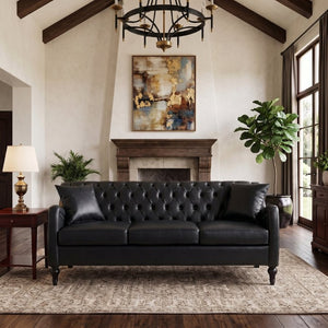 English Elm Pu Leather Three Seat Tufted Sofa with Birch Legs Nailhead Trim for Living Room W680P536113