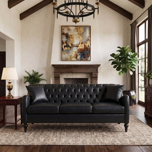 English Elm Pu Leather Three Seat Tufted Sofa with Birch Legs Nailhead Trim for Living Room W680P536113