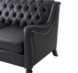 English Elm Pu Leather Three Seat Tufted Sofa with Birch Legs Nailhead Trim for Living Room W680P536113