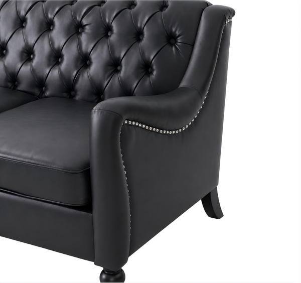English Elm Pu Leather Three Seat Tufted Sofa with Birch Legs Nailhead Trim for Living Room W680P536113
