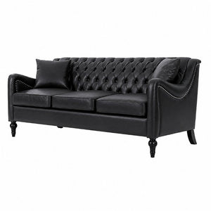 English Elm Pu Leather Three Seat Tufted Sofa with Birch Legs Nailhead Trim for Living Room W680P536113