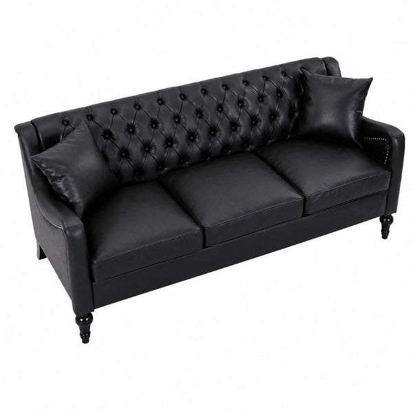 English Elm Pu Leather Three Seat Tufted Sofa with Birch Legs Nailhead Trim for Living Room W680P536113