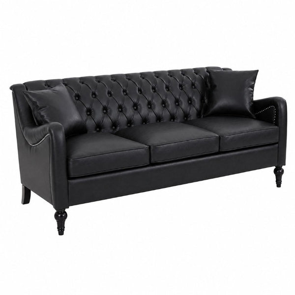 English Elm Pu Leather Three Seat Tufted Sofa with Birch Legs Nailhead Trim for Living Room W680P536113