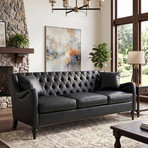 English Elm Pu Leather Three Seat Tufted Sofa with Birch Legs Nailhead Trim for Living Room W680P536113