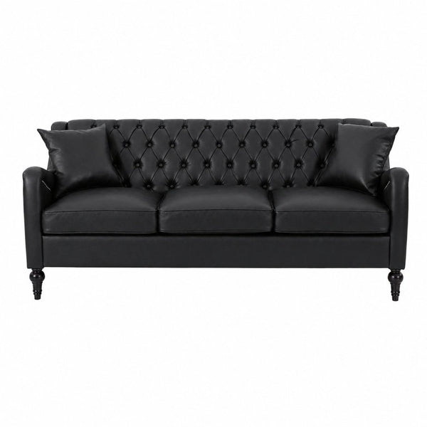 English Elm Pu Leather Three Seat Tufted Sofa with Birch Legs Nailhead Trim for Living Room W680P536113
