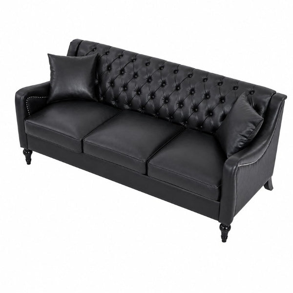 English Elm Pu Leather Three Seat Tufted Sofa with Birch Legs Nailhead Trim for Living Room W680P536113