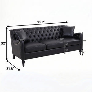 English Elm Pu Leather Three Seat Tufted Sofa with Birch Legs Nailhead Trim for Living Room W680P536113