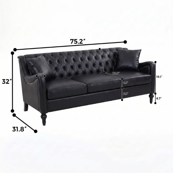 English Elm Pu Leather Three Seat Tufted Sofa with Birch Legs Nailhead Trim for Living Room W680P536113