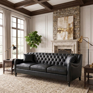 English Elm Pu Leather Three Seat Tufted Sofa with Birch Legs Nailhead Trim for Living Room W680P536113