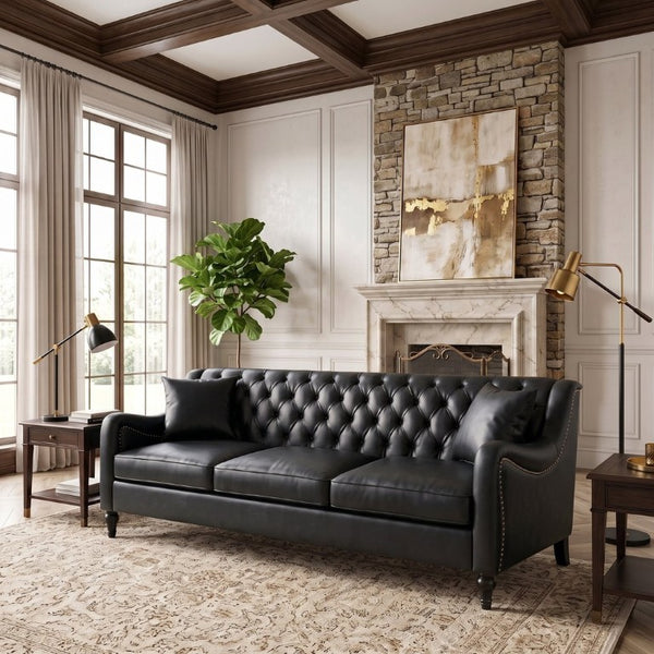 English Elm Pu Leather Three Seat Tufted Sofa with Birch Legs Nailhead Trim for Living Room W680P536113