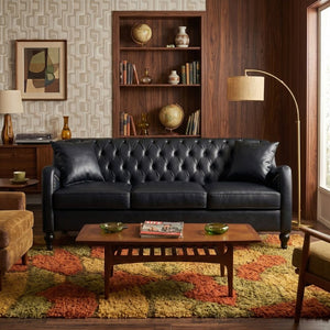 English Elm Pu Leather Three Seat Tufted Sofa with Birch Legs Nailhead Trim for Living Room W680P536113