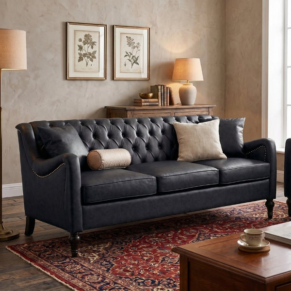 English Elm Pu Leather Three Seat Tufted Sofa with Birch Legs Nailhead Trim for Living Room W680P536113