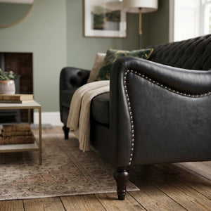 English Elm Pu Leather Three Seat Tufted Sofa with Birch Legs Nailhead Trim for Living Room W680P536113
