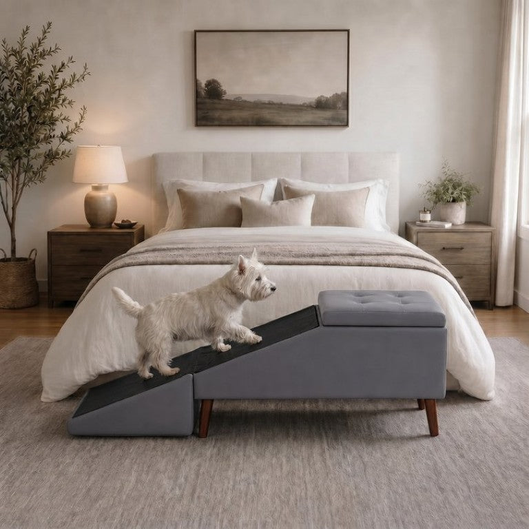 English Elm 2-In-1 Solid Wood Pet Ramp Footstool with Washable Cover for Dogs and Cats W680P538715