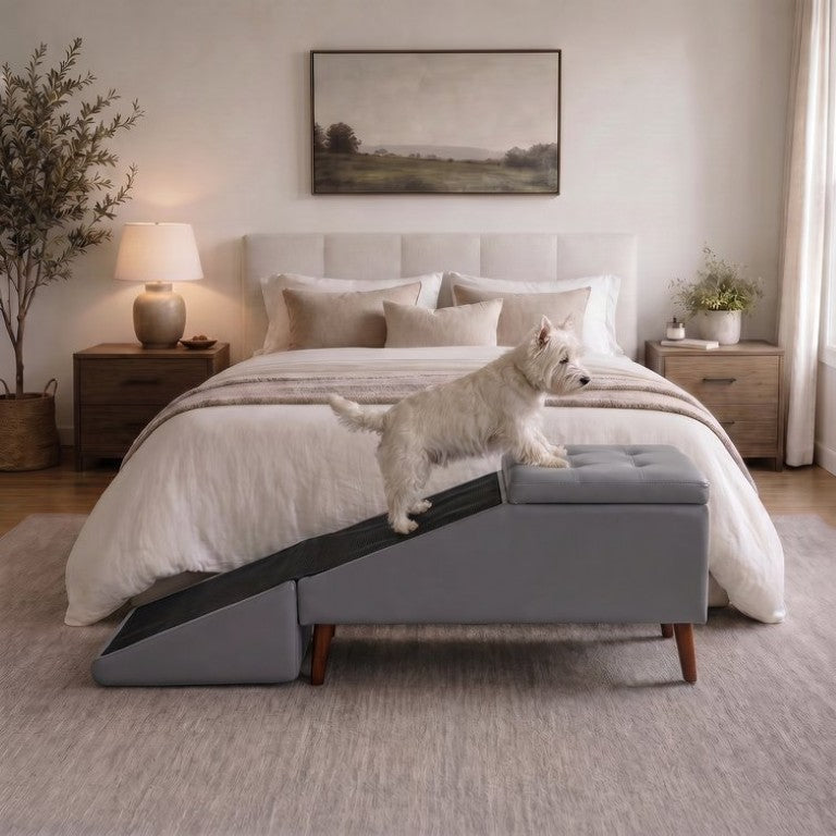 English Elm 2-In-1 Solid Wood Pet Ramp Footstool with Washable Cover for Dogs and Cats W680P538715