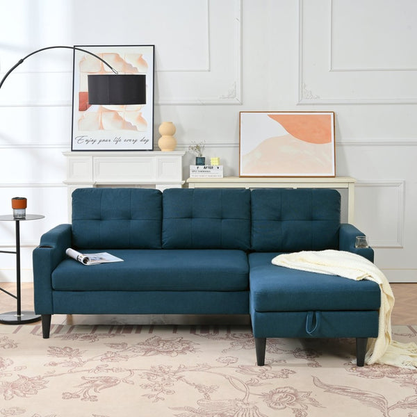 English Elm Sofa with Hidden Storage Track Arm Low Profile Fabric Upholstered Living Room Couch Blue W680S00005