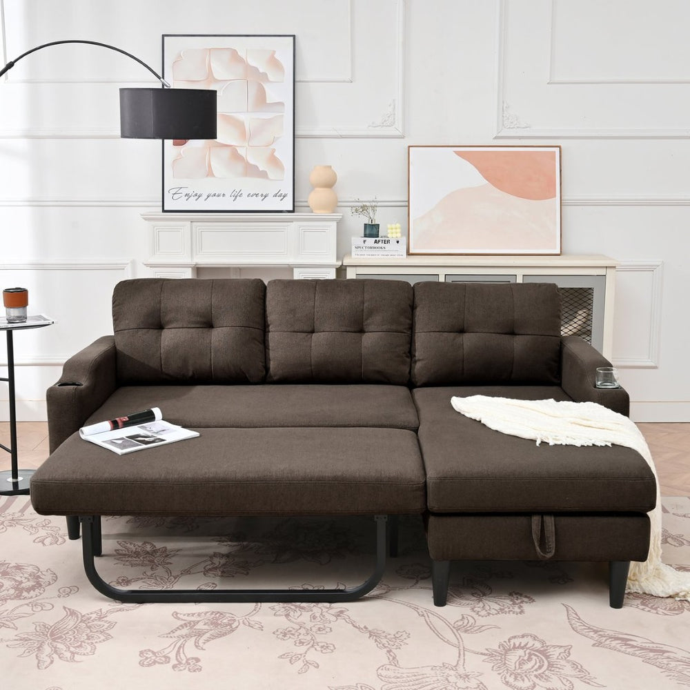 English Elm Sofa with Hidden Storage Track Arm Low Profile Fabric Upholstered Living Room Couch Brown W680S00006