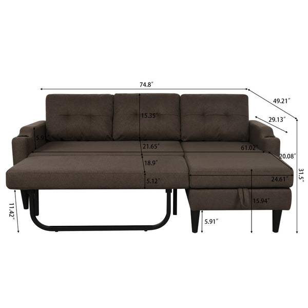 English Elm Sofa with Hidden Storage Track Arm Low Profile Fabric Upholstered Living Room Couch Brown W680S00006