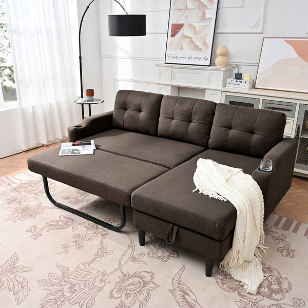 English Elm Sofa with Hidden Storage Track Arm Low Profile Fabric Upholstered Living Room Couch Brown W680S00006