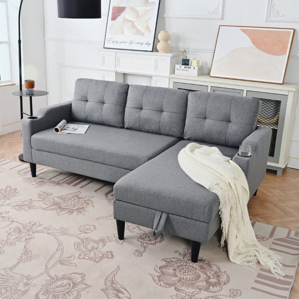 English Elm Sofa with Hidden Storage Solid Wood Frame Fabric Upholstery for Living Rooms Grey W680S00106