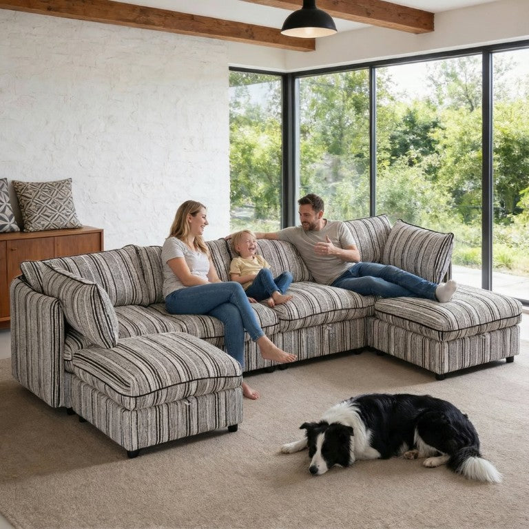 English Elm 6-Seat Modular Sectional Sleeper Sofa with Hidden Storage and Striped Fabric for Living Rooms W680S00164