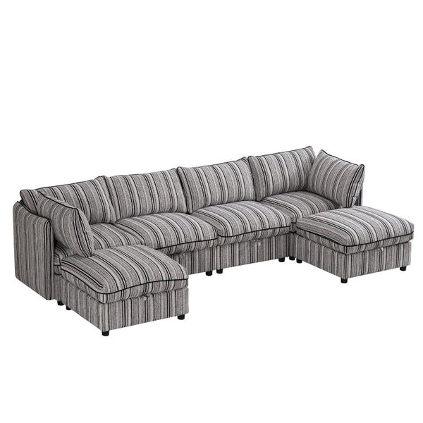 English Elm 6-Seat Modular Sectional Sleeper Sofa with Hidden Storage and Striped Fabric for Living Rooms W680S00164