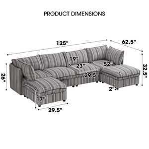 English Elm 6-Seat Modular Sectional Sleeper Sofa with Hidden Storage and Striped Fabric for Living Rooms W680S00164