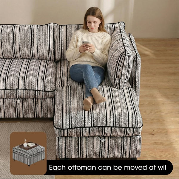 English Elm 6-Seat Modular Sectional Sleeper Sofa with Hidden Storage and Striped Fabric for Living Rooms W680S00164