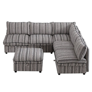 English Elm 6-Seat Modular Sectional Sleeper Sofa with Hidden Storage and Striped Fabric for Living Rooms W680S00164