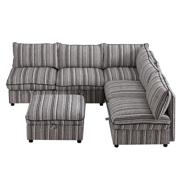 English Elm 6-Seat Modular Sectional Sleeper Sofa with Hidden Storage and Striped Fabric for Living Rooms W680S00164
