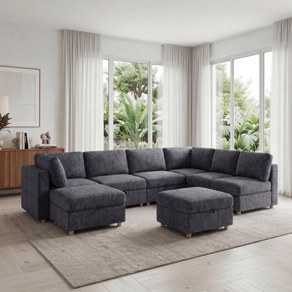 English Elm Modular Sectional Sofa with Hidden Storage Sleeper Convertible 8 Seat Fabric Set Grey W680S00171