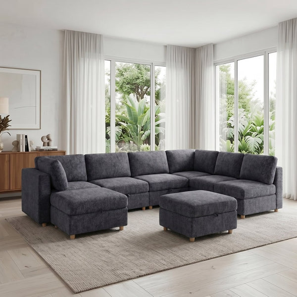 English Elm Modular Sectional Sofa with Hidden Storage Sleeper Convertible 8 Seat Fabric Set Grey W680S00171